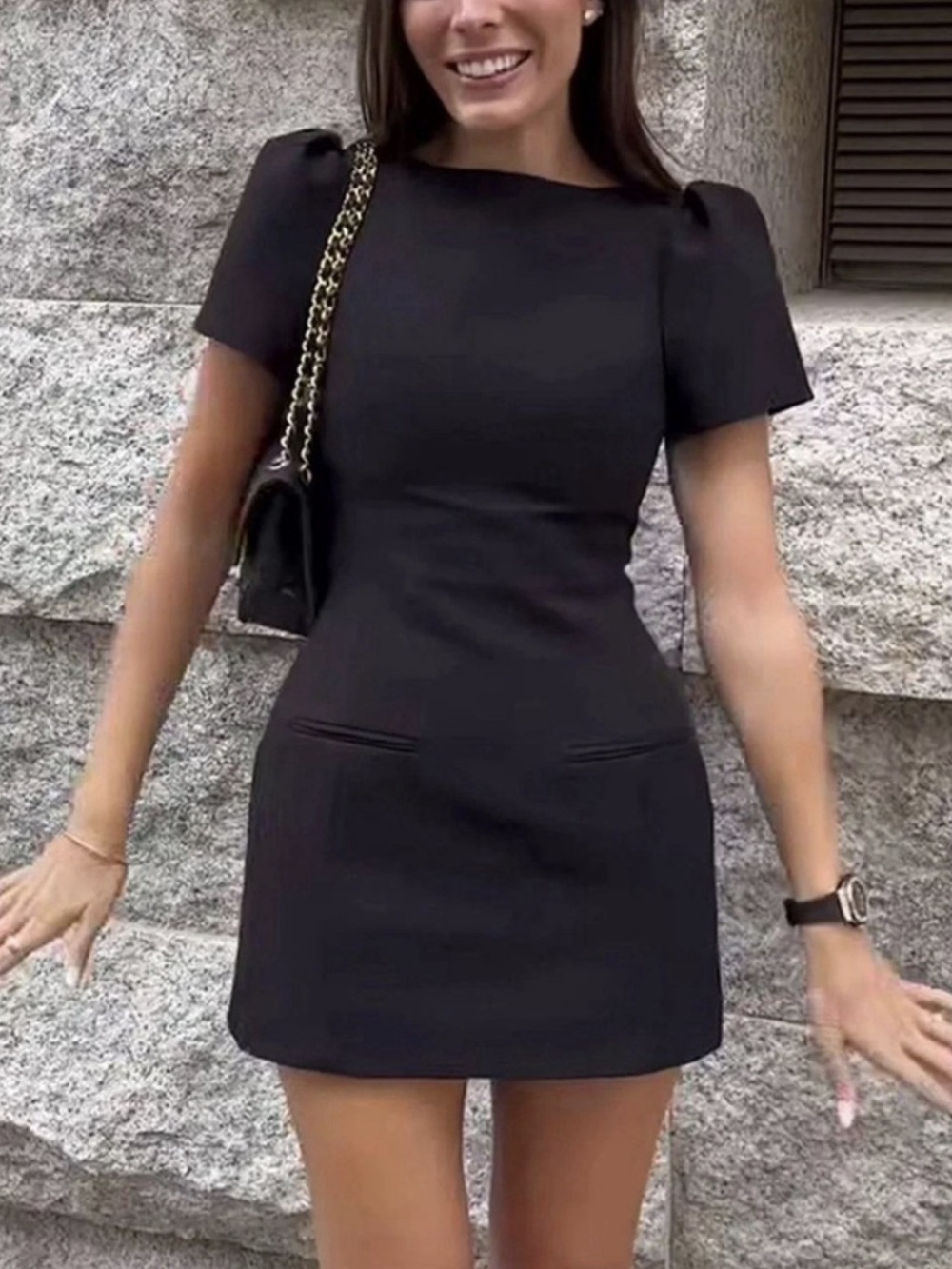 Zara Black Short-Sleeve Mini Dress